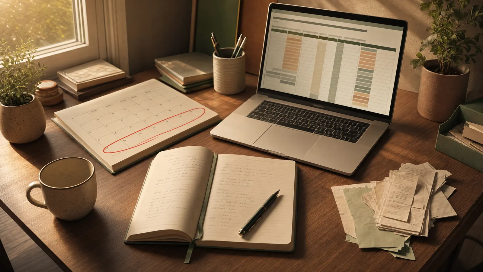 A desk seen from above on the last Friday of the month — a calendar with the final week circled, an open notebook with handwritten notes, a laptop showing a spreadsheet with stacked tabs, a coffee cup, papers spread around but not chaotic, evening light coming in from the side.