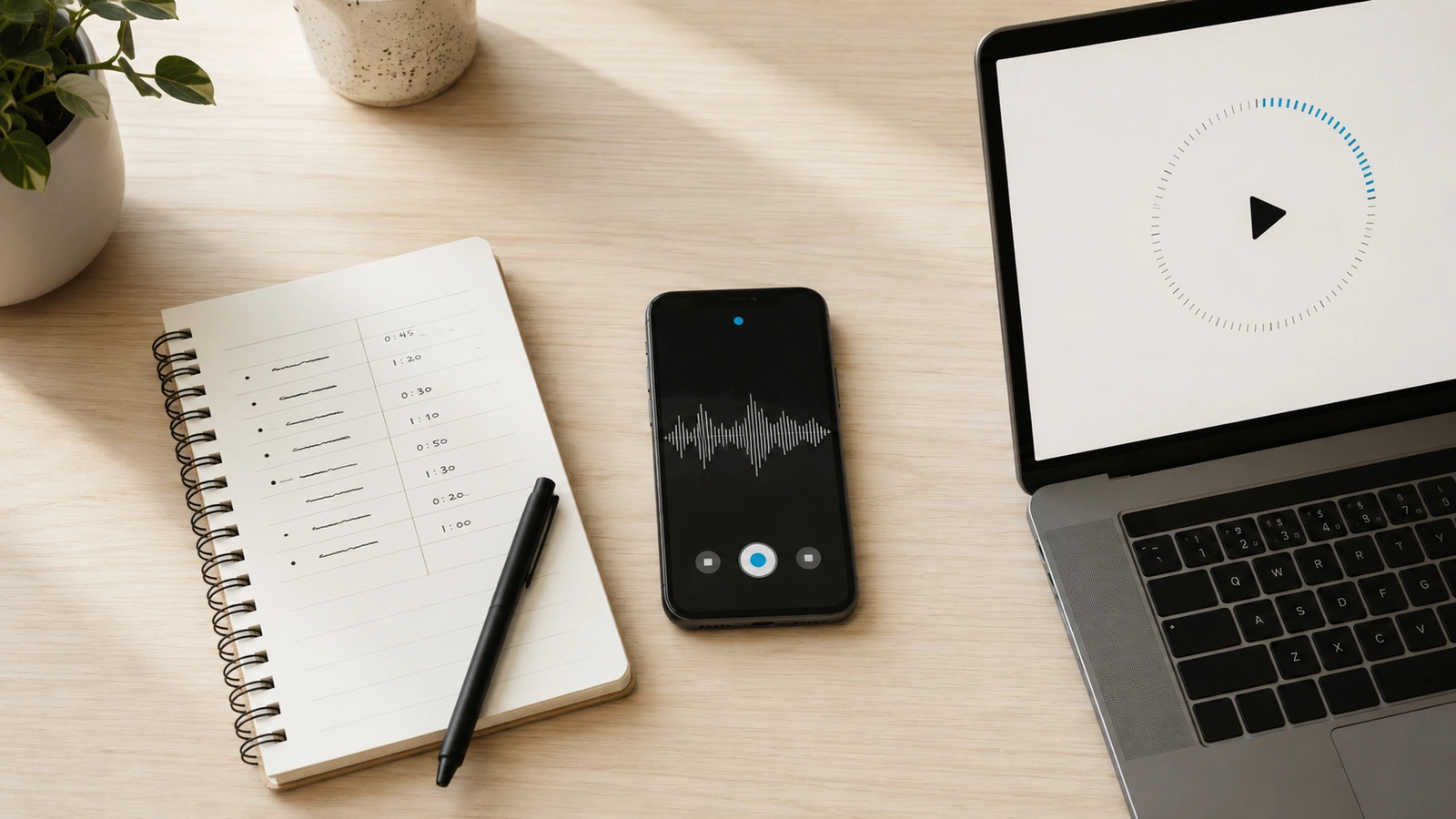 A desk with a notebook, a phone showing a voice memo, and a laptop with a timer — three different ways of tracking work time side by side.