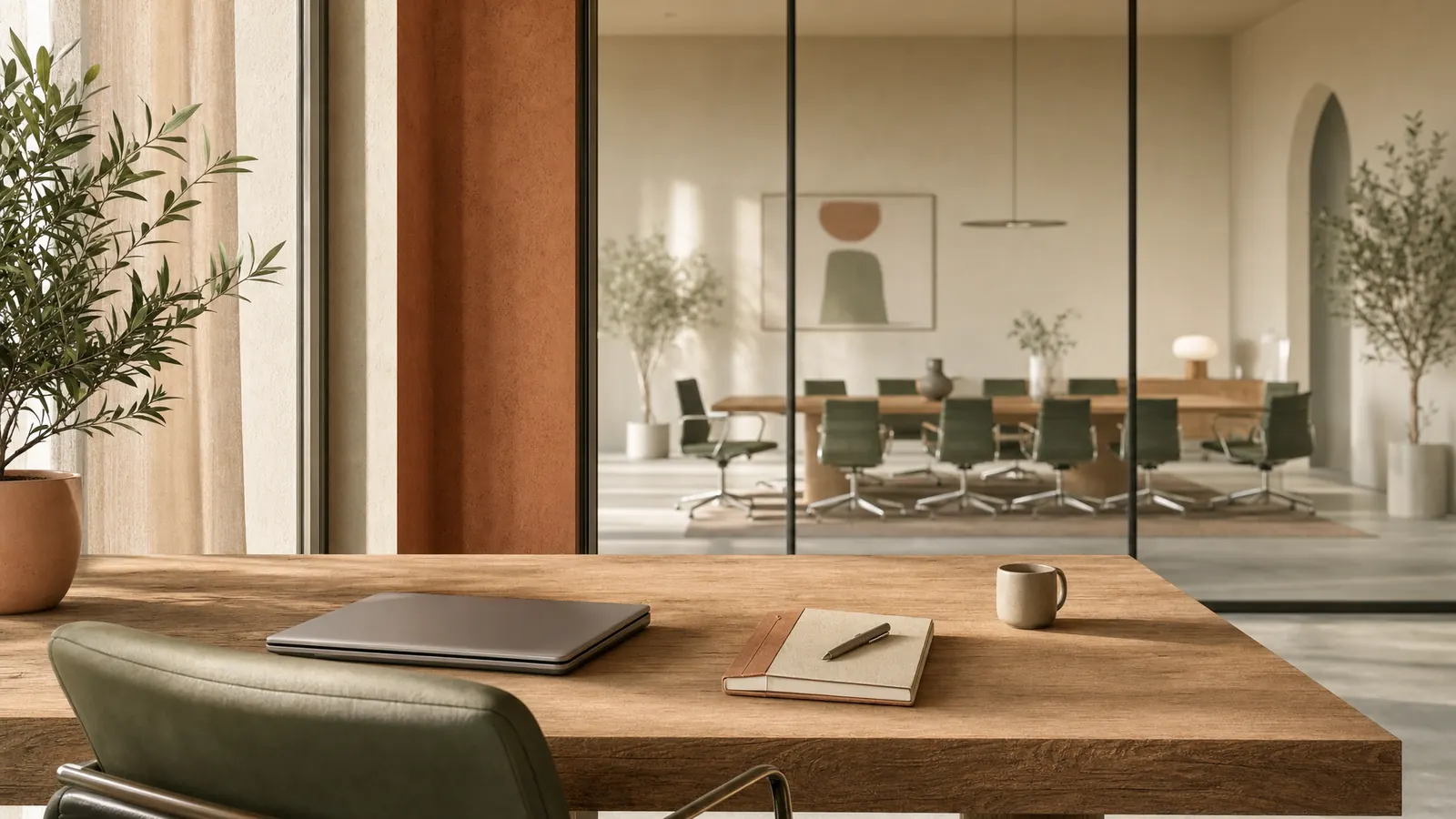 A single workstation in a quiet room — clean desk, one laptop, one notebook — with an empty meeting room visible through a glass wall in the background.